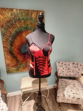 Red and Black Lace-Up Bustier Top